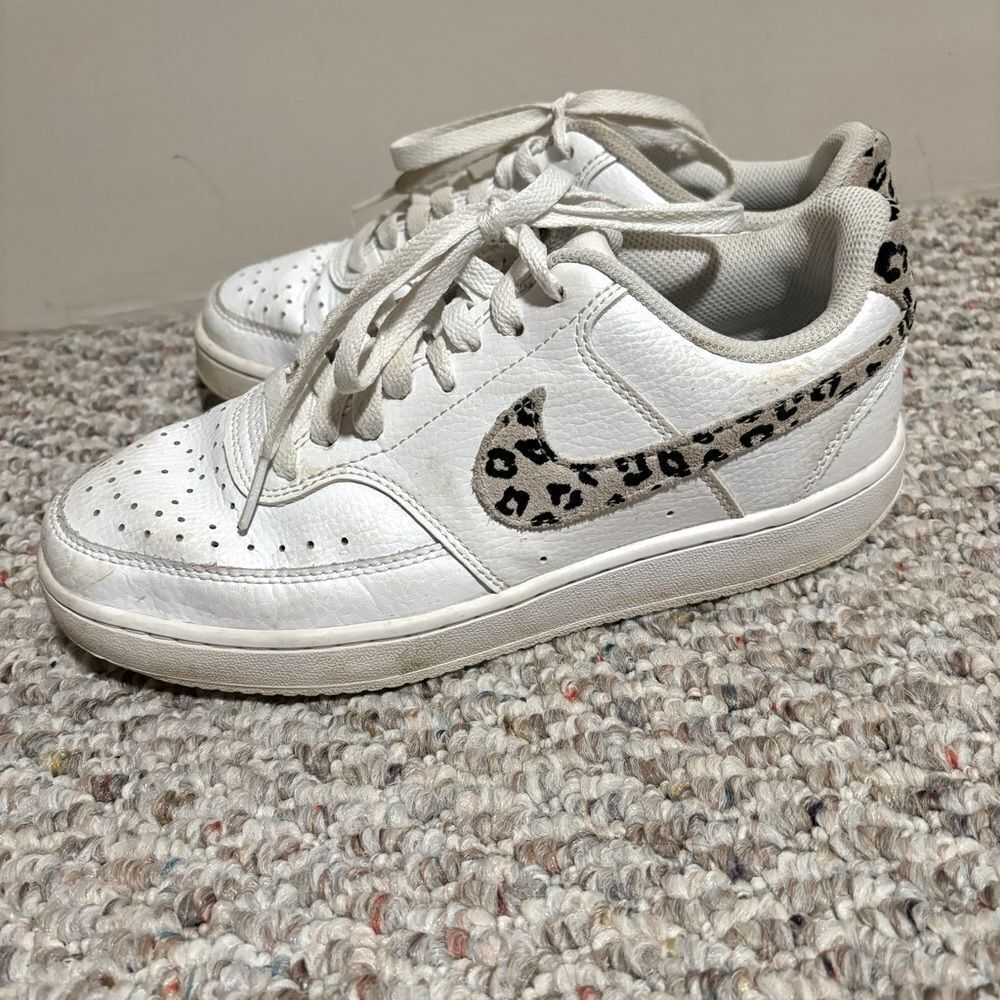 Nike Court Vision Low 11 Sneakers White Desert Sand Leopard Print- Size 7.5